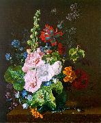 Jan van Huysum Hollyhocks and other Flowers in a Vase painting
